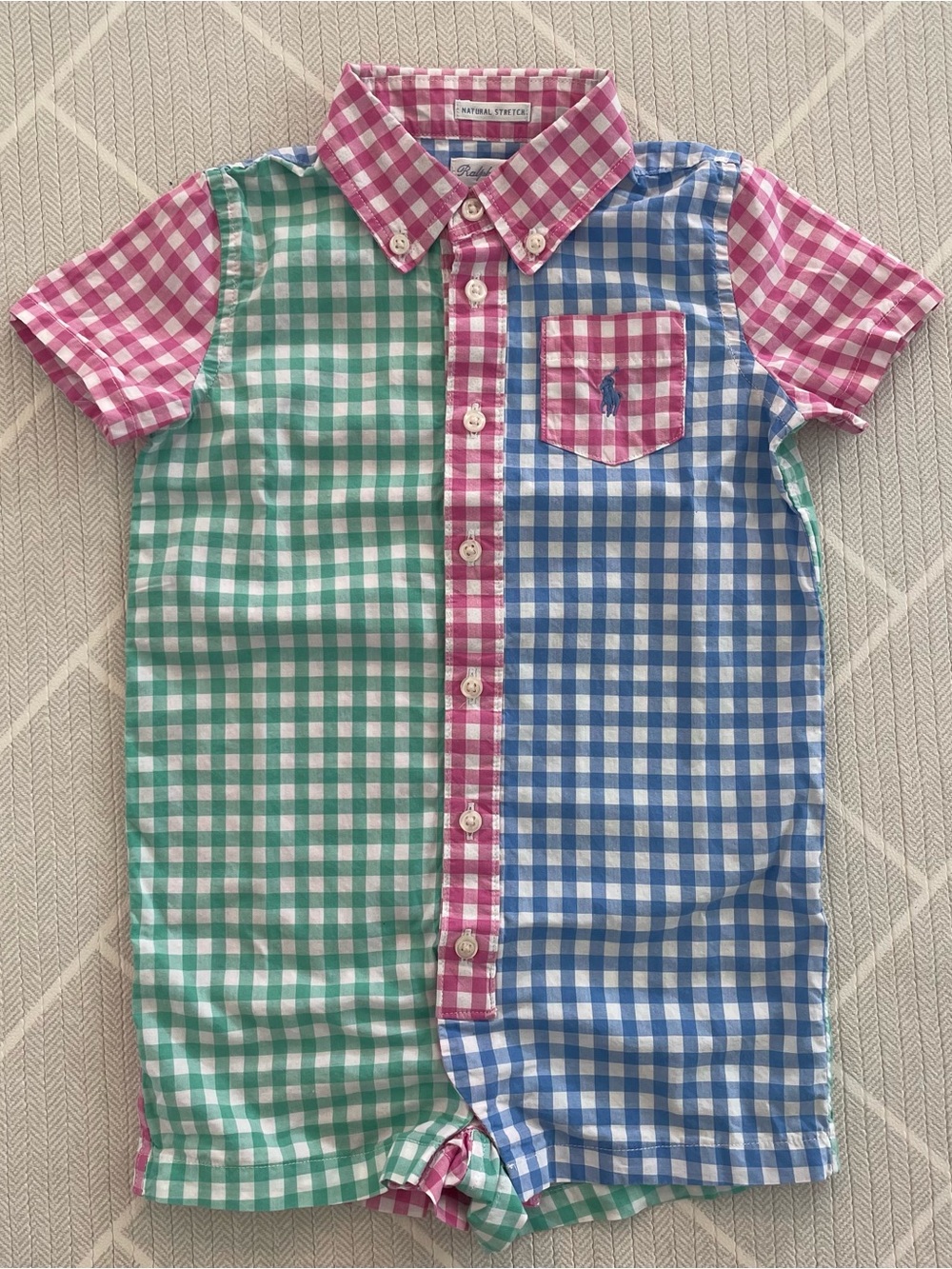 Ralph Lauren Pink, Green & Blue Gingham Button-Front Romper Boy’s Size 18M